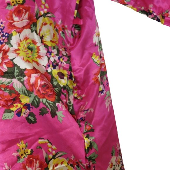 New Ms Lovely Hot Pink Floral Satin Kimono Robe M/L Knee Length Pockets Belted - Picture 14 of 16